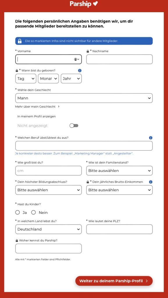 Parship persönliche Angaben